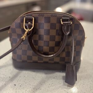 Designer Inspired Brown Checkered Handbag - Alma BB Damier Ebene
